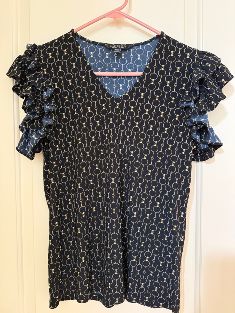Lauren by Ralph Lauren Navy and Gold Chain-Pattern Blouse